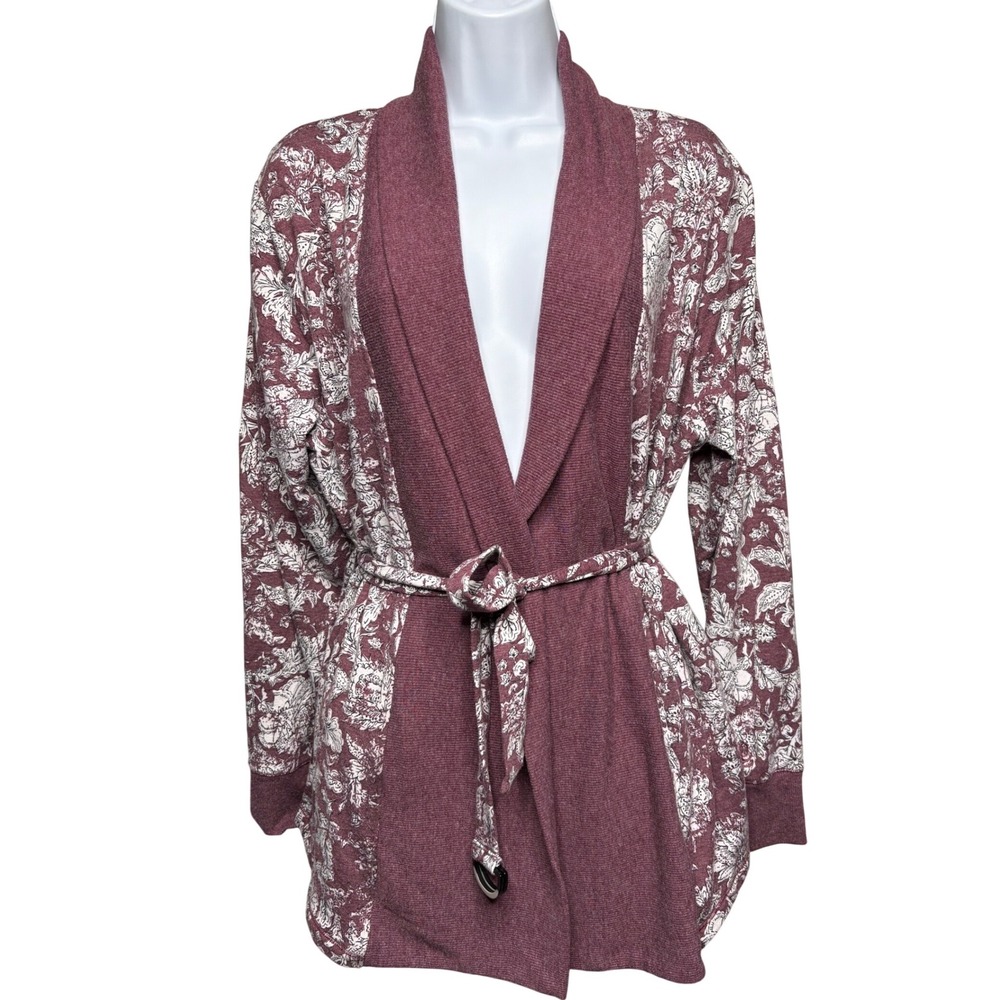 CUDDL DUDS Womens Burgundy Floral Wrap Cardigan Sz M Shawl Collar Tie Cozy-Chic